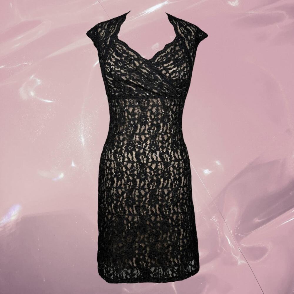 Vintage Y2K dark romantic goth black lace bodycon sequined dress XS
